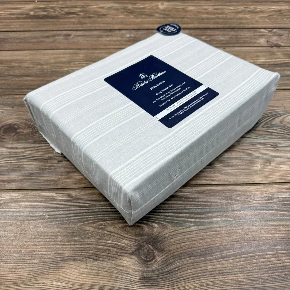 Brooks‎ Brothers King Sheet Set Grey White Stripe 100% Cotton 4pc NEW